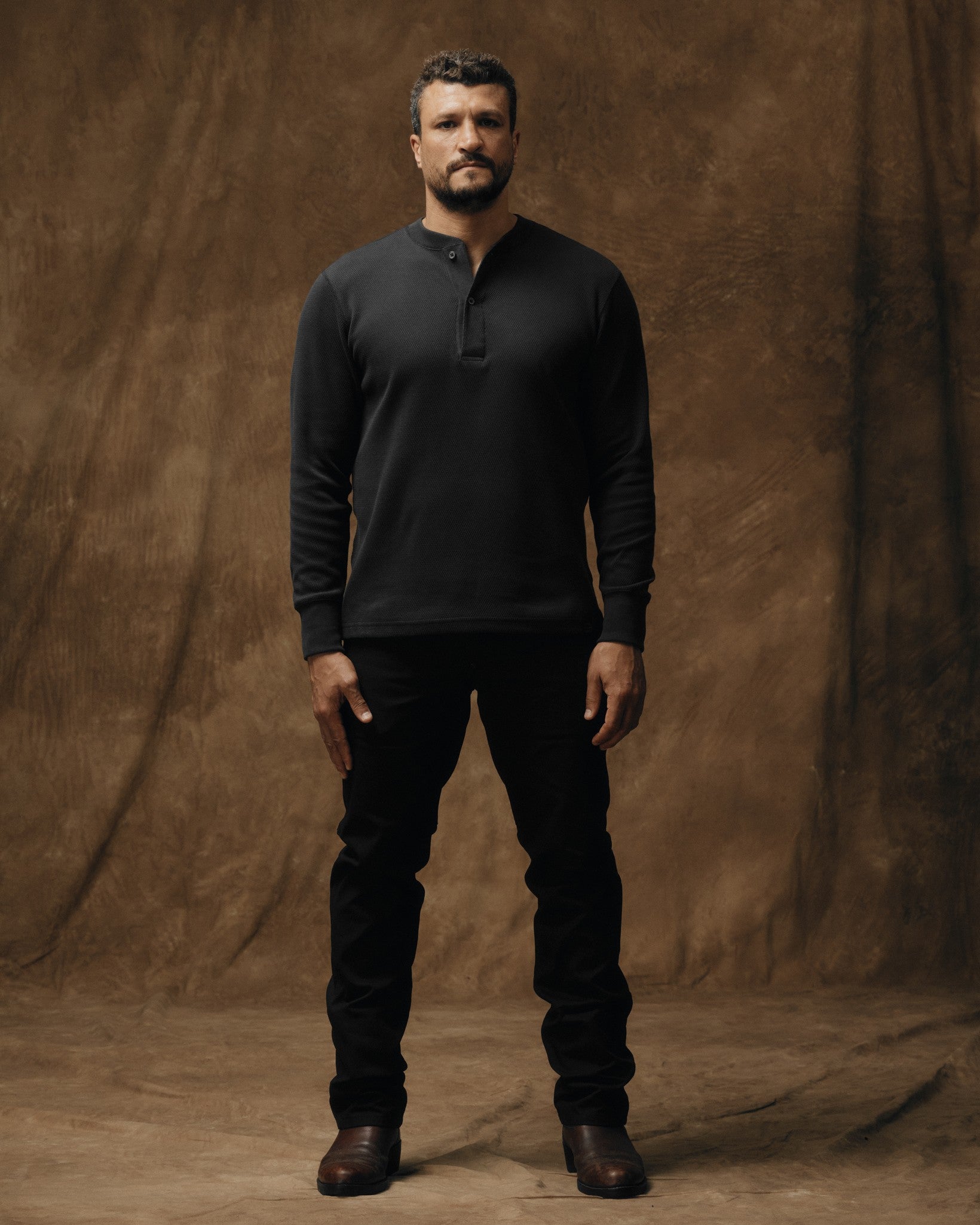 Waffle Knit Henley - Faded Black